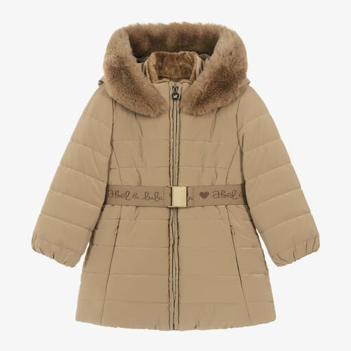 Abel & Lula-Girls Beige Fur Trim Hooded Puffer Coat | Childrensalon