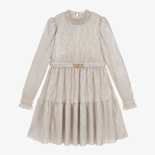 Abel & Lula-Girls Beige & Silver Plissé Dress | Childrensalon