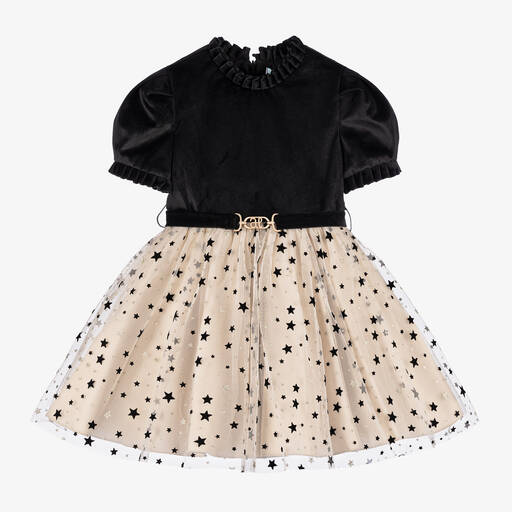 Abel & Lula-Girls Black Velvet & Gold Tulle Dress | Childrensalon