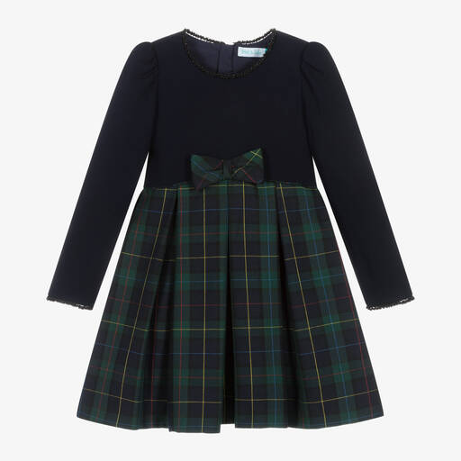 Abel & Lula-Girls Blue & Green Tartan Bow Dress | Childrensalon