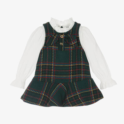 Abel & Lula-Girls Green Tartan Tweed Dress | Childrensalon