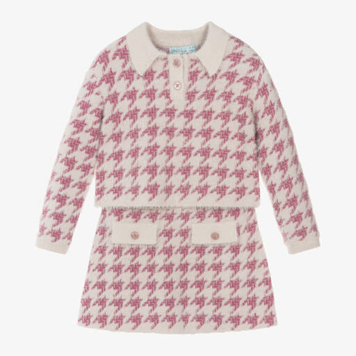 Abel & Lula-Girls Pink Houndstooth Knitted Skirt Set | Childrensalon