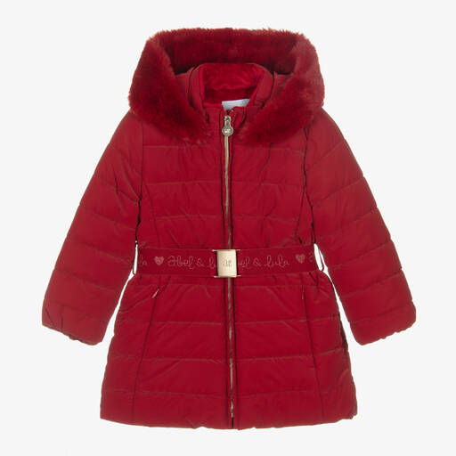 Abel & Lula-Girls Red Fur Trim Hooded Puffer Coat | Childrensalon