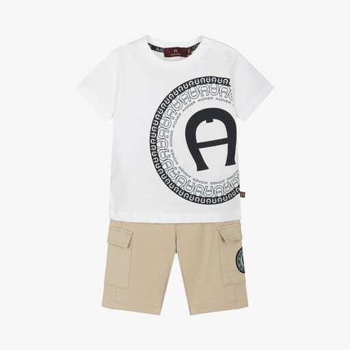 AIGNER-Boys Beige Cotton Cargo Shorts Set | Childrensalon