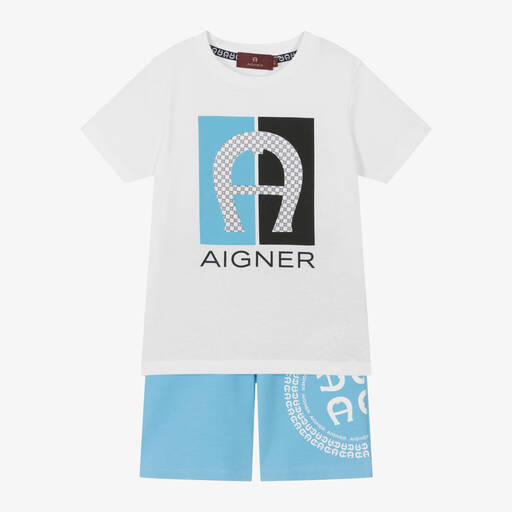 AIGNER-Boys White & Blue Cotton Shorts Set | Childrensalon