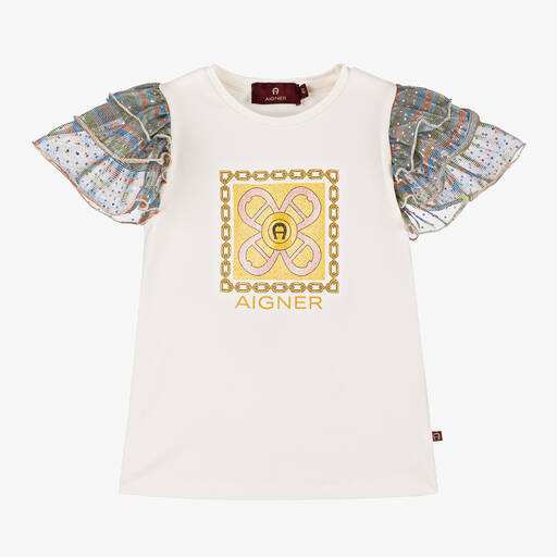 AIGNER-Girls Ivory Cotton T-Shirt | Childrensalon