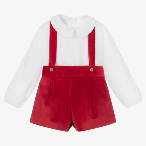 Artesanía Granlei-Boys Red Cotton Velvet Shorts Set | Childrensalon