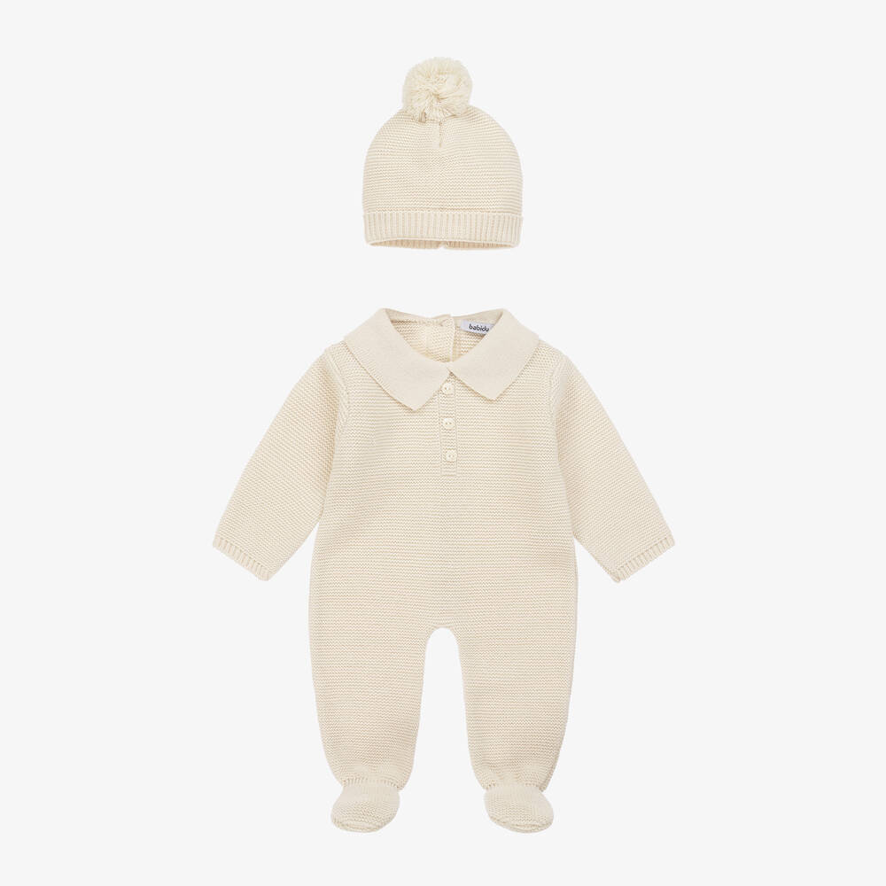 Babidu - Baby Boys Beige Knitted Babysuit Set | Childrensalon