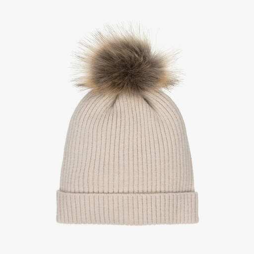 Babidu-Beige Knitted Pom-Pom Hat | Childrensalon