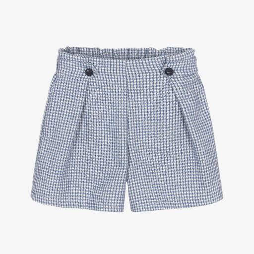 Balloon Chic-Girls Blue Houndstooth Cotton Shorts | Childrensalon