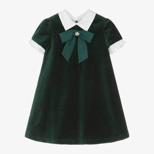 Balloon Chic-Girls Green Velvet Sparkle-Bow Dress | Childrensalon