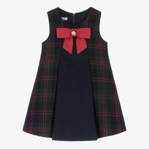 Balloon Chic-Girls Navy Blue & Green Tartan Dress | Childrensalon