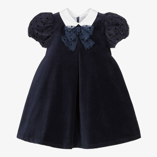 Balloon Chic-Girls Navy Blue Velvet & Tulle Bow Dress | Childrensalon