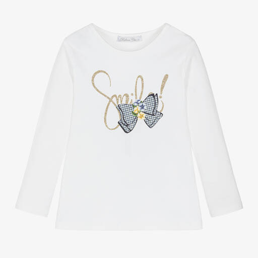 Balloon Chic-Girls White Cotton Bow Top | Childrensalon