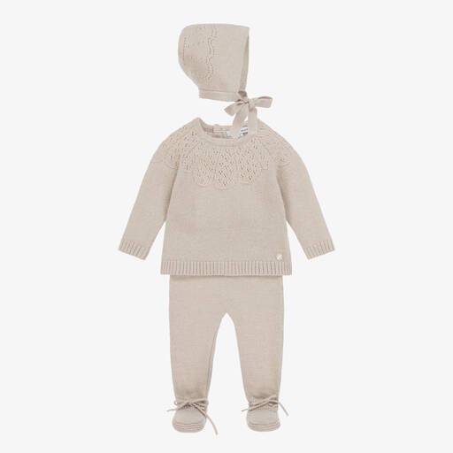 Beatrice & George-Beige Wool & Cashmere Knit Babygrow Set | Childrensalon