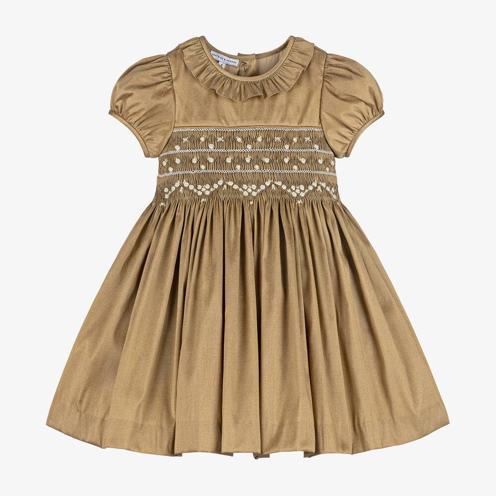 Beatrice & George - Girls Gold Hand-Smocked Dupion Dress | Childrensalon