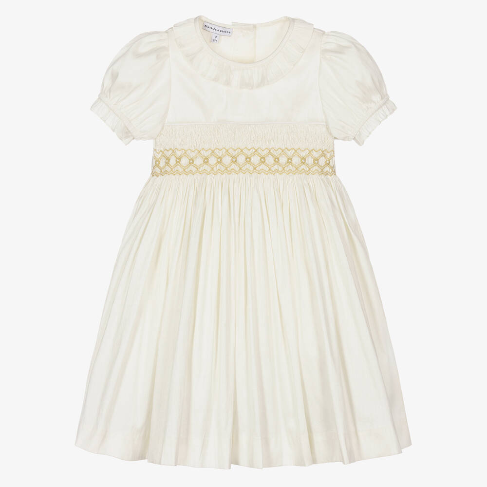 Beatrice & George - Girls Ivory Hand-Smocked Dupion Dress | Childrensalon