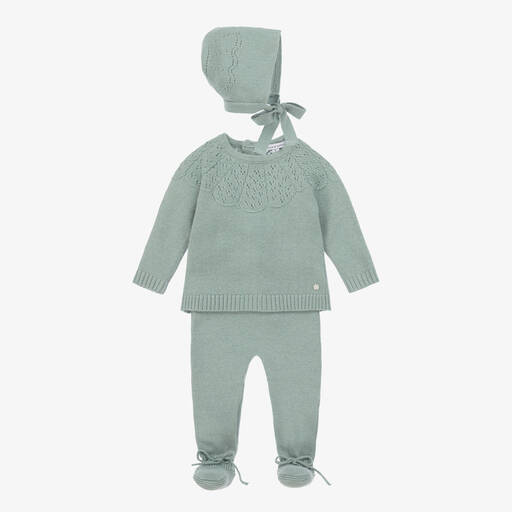 Beatrice & George-Green Wool & Cashmere Knit Babygrow Set | Childrensalon