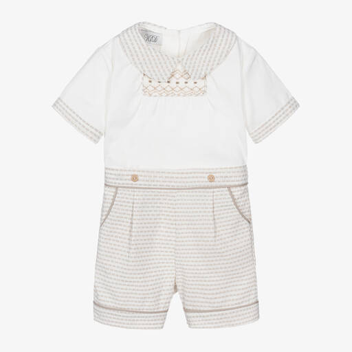 Beau KiD-Baby Boys Ivory & Beige Cotton Buster Suit | Childrensalon