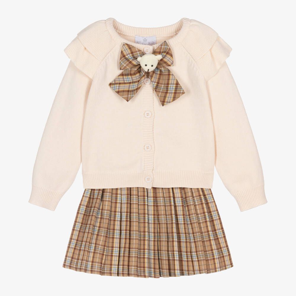 Beau KiD - Girls Pink & Brown Tartan Skirt Set | Childrensalon