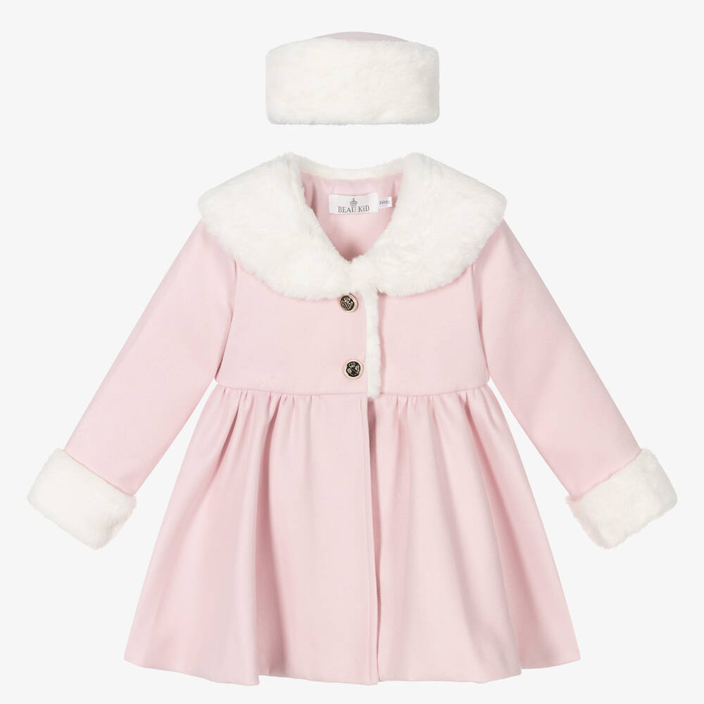 Beau KiD - Girls Pink Faux Fur Coat & Hat | Childrensalon