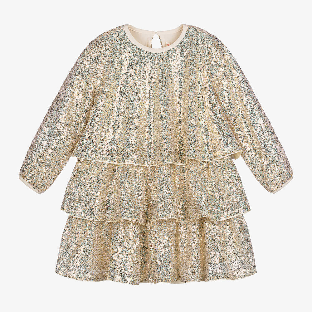 Billieblush - Girls Gold Tiered Sequinned Tulle Dress | Childrensalon