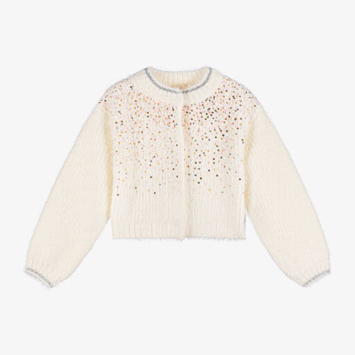 Billieblush-Girls Ivory Fluffy Sequinned Cardigan | Childrensalon