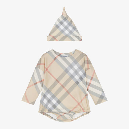 Burberry-Beige Check Cotton Baby Shortie & Hat Set | Childrensalon