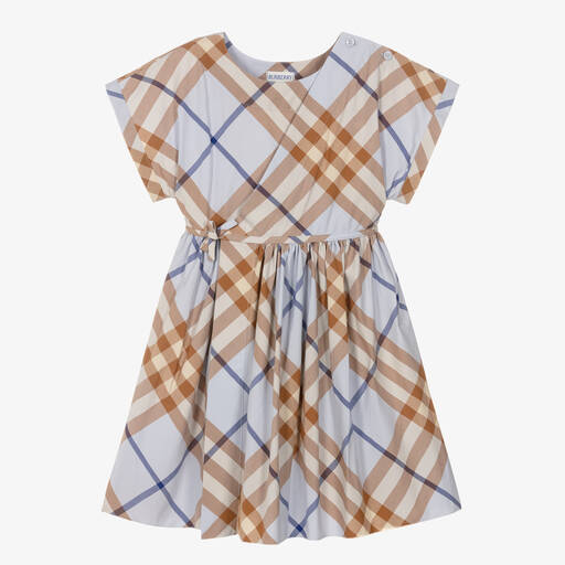 Burberry-Girls Blue & Beige Cotton Check Dress | Childrensalon