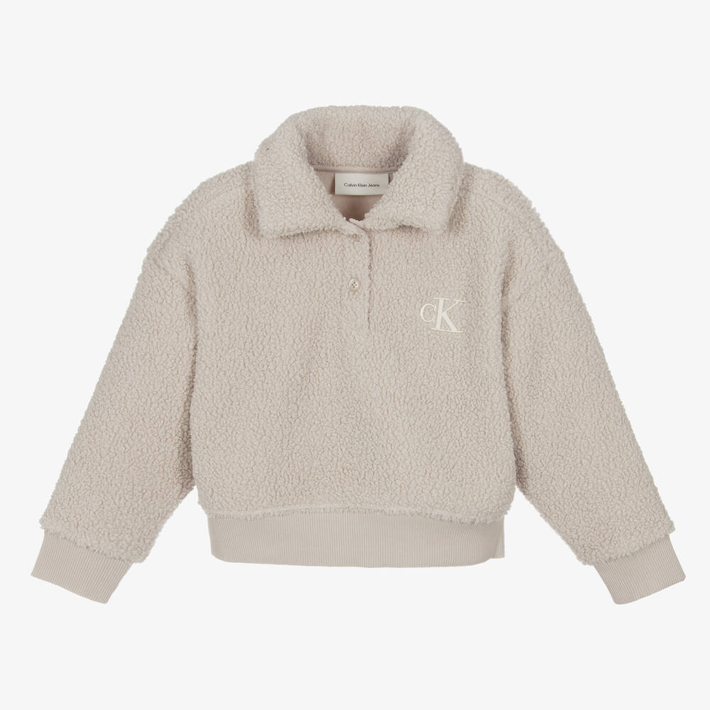 Calvin Klein - Girls Beige Fleece Collared Sweatshirt | Childrensalon