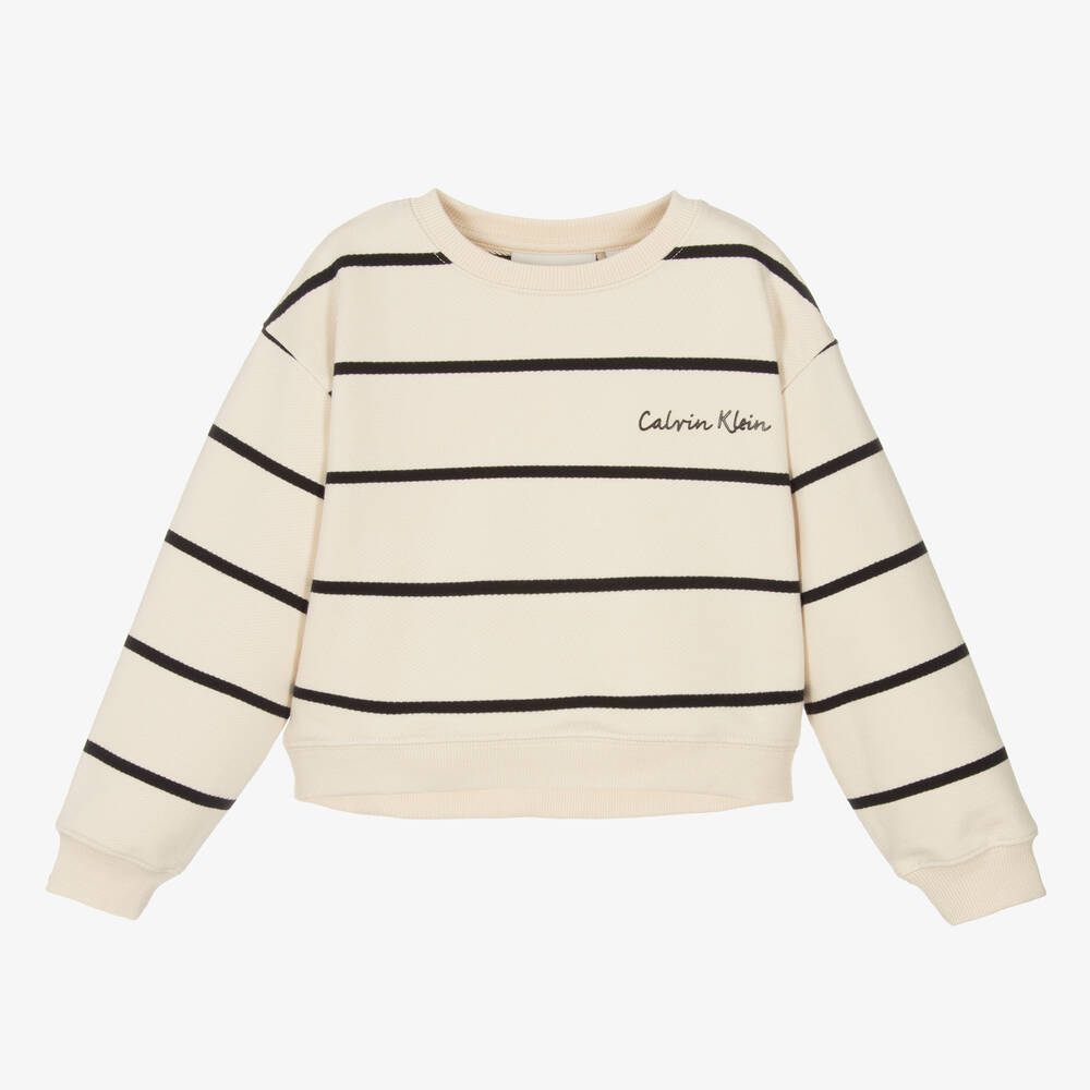 Calvin Klein - Girls Beige Stripe Cotton Sweatshirt | Childrensalon