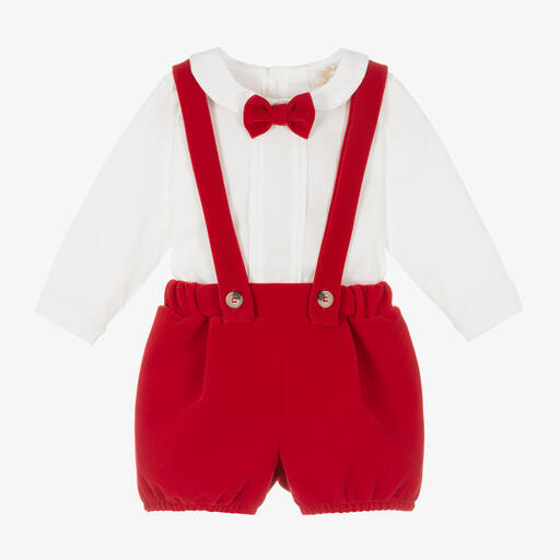 Caramelo Kids-Baby Boys Ivory & Red Velvet Shorts Set | Childrensalon