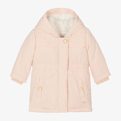 Chloé-Girls Pink Padded Embroidered Coat | Childrensalon