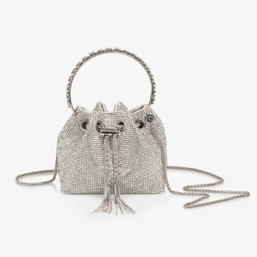 David Charles-Girls Silver Diamanté Bucket Bag (15cm) | Childrensalon