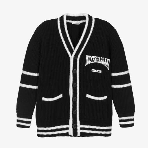 Dolce & Gabbana-Boys Black Wool Knit Varsity Cardigan  | Childrensalon