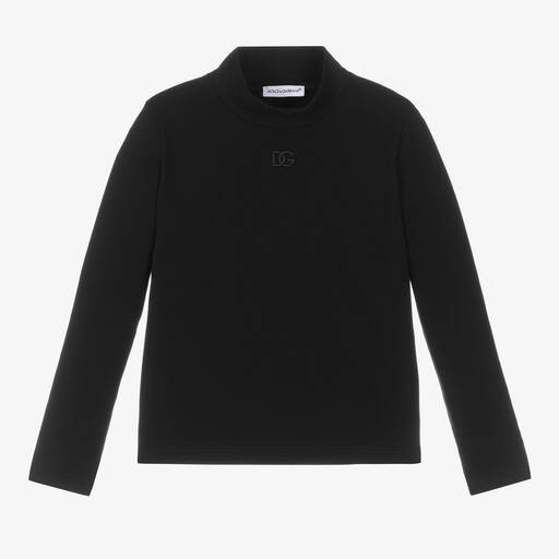 Dolce & Gabbana-Girls Black DG Cotton Turtleneck Top | Childrensalon