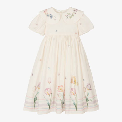 EIRENE-Girls Ivory Cotton Floral Midi Dress | Childrensalon