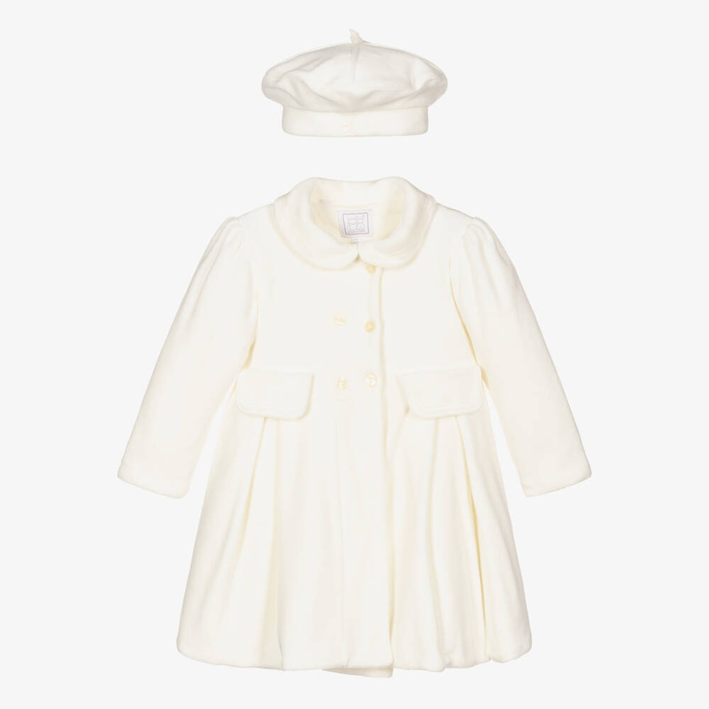 Emile et Rose - Baby Girls Ivory Velour Coat & Hat Set | Childrensalon