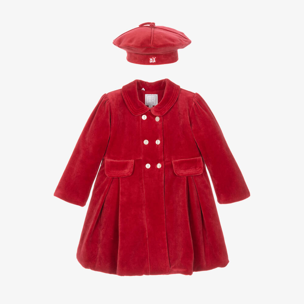 Emile et Rose - Baby Girls Red Velour Coat & Hat Set | Childrensalon