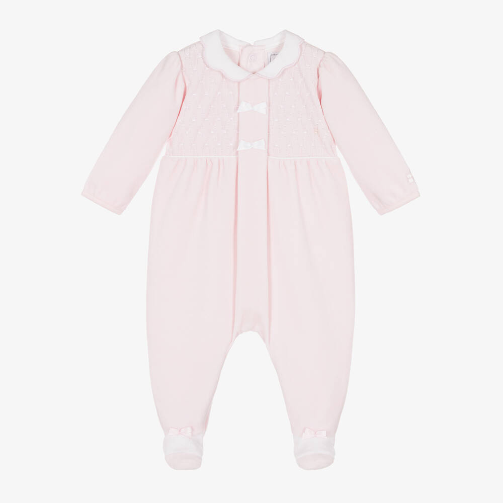 Emile et Rose - Girls Pink Velour Babygrow | Childrensalon