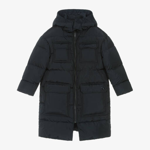 Emporio Armani-Boys Blue Down Padded Eagle Logo Coat | Childrensalon