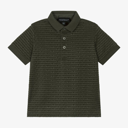 Emporio Armani-Boys Khaki Green Logo Pattern Polo Shirt | Childrensalon