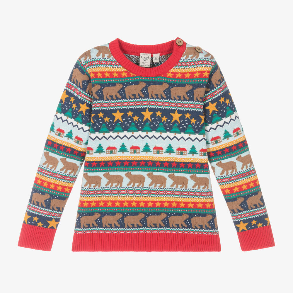 Frugi - Boys Blue Cotton Knit Fair Isle Sweater | Childrensalon