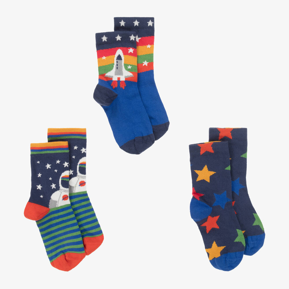 Frugi - Boys Blue Cotton Space Socks (3 Pack) | Childrensalon