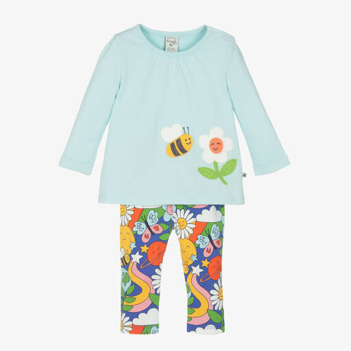 Frugi-Girls Blue Organic Cotton Floral Leggings Set | Childrensalon