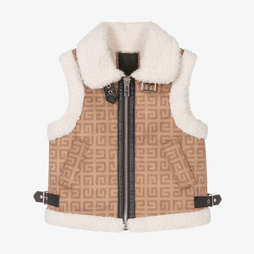 Givenchy-Girls Beige 4G Logo Sherpa Fleece Gilet | Childrensalon