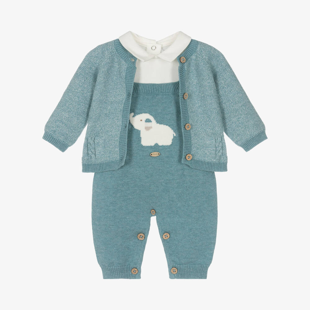 Mayoral Newborn - Baby Boys Blue Cotton Knit Dungaree Set | Childrensalon