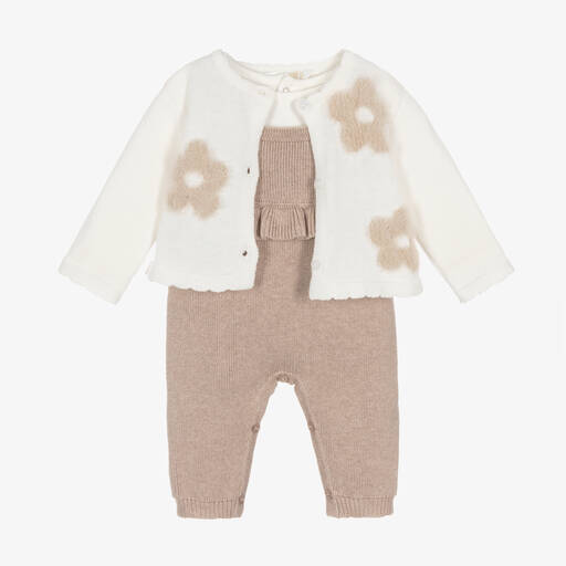 Mayoral Newborn-Baby Girls Beige Cotton Dungaree Set | Childrensalon