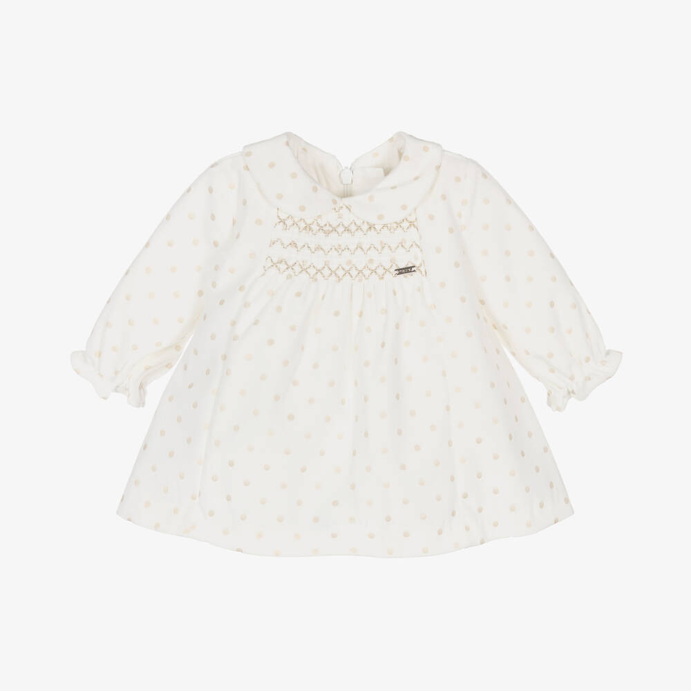 Mayoral Newborn - Baby Girls Ivory Velvet Polka Dot Dress | Childrensalon