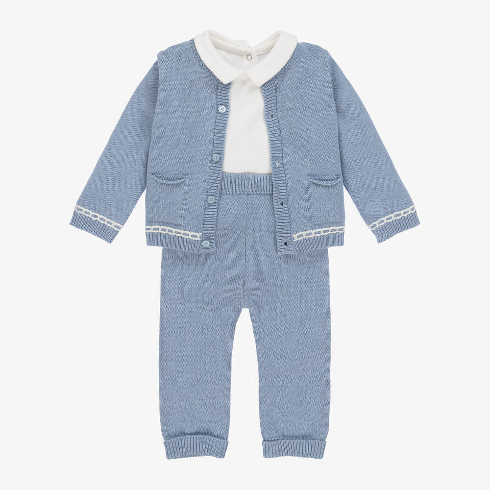 Mayoral Newborn - Blue Cotton & Wool Knit Baby Trouser Set | Childrensalon